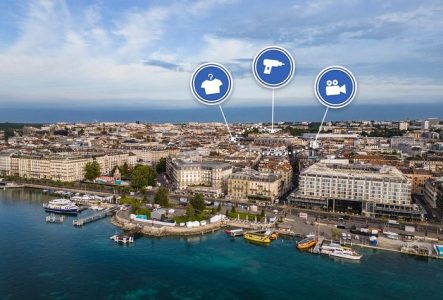 Vue aérienne du quai du Mont-Blanc et du quartier des Pâquis à Genève, avec trois pictogrammes bleus marquant les étapes de la balade