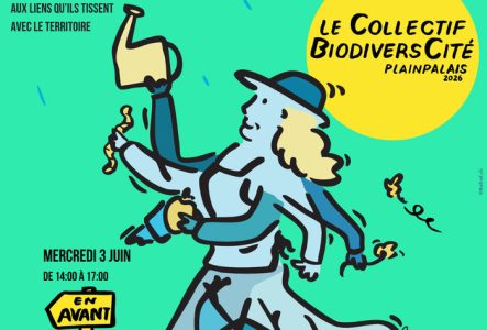 Un personnage sur un fond vert, parsemé de gouttes d'eau, va de l'avant (panneau : en avant) invitant à prendre attention à la biodiversité qui partage son territoire, portant arrosoir, lombric et fleur avec un soleil dans lequel est inscrit le nom du collectif BiodiversCité.