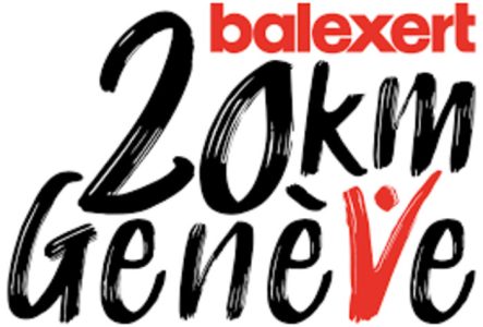 L’image montre un logo coloré et dynamique. En haut, on lit le mot « balexert » écrit en rouge avec des lettres droites et simples. En dessous, les mots « 20 km Genève » apparaissent en noir. Le mot Genève est écrit en plus large, et la lettre V est remplacée par une silhouette stylisée d’une personne qui lève les bras en rouge, évoquant la victoire, l’énergie ou la joie.