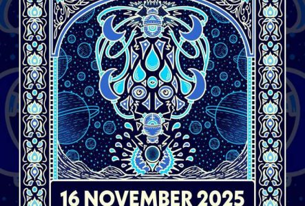 Affiche psychédélique du concert de BALTHVS. Motif central bleu et blanc représentant un scarabée stylisé entouré de formes cosmiques, planètes et gouttes d’eau. Bordures décorées de fleurs de lotus. Texte en bas : « 16 November 2025 – Le Groove – 9 rue des Gazomètres, 1205 Genève ».