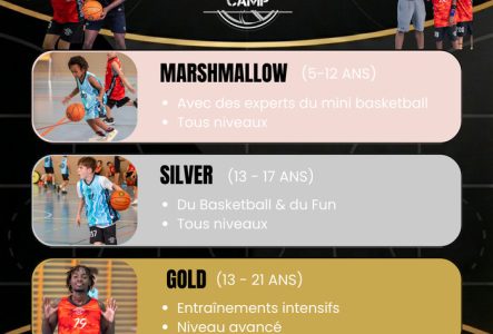 Photos de joueurs de basket, descriptif des camps par âge, dates et lieu des camps. No de téléphone et site internet de l'organisateur.