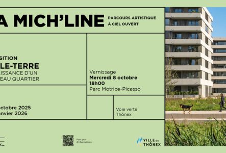 Blou design sur fond vert, on y retrouve les informations relatives à l'événement sur la gauche et sur la droite une photo illustrant le quartier en question