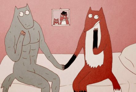 un loup et un renard, dessinés similaire à des silhouettes humaines, assis sur un lit