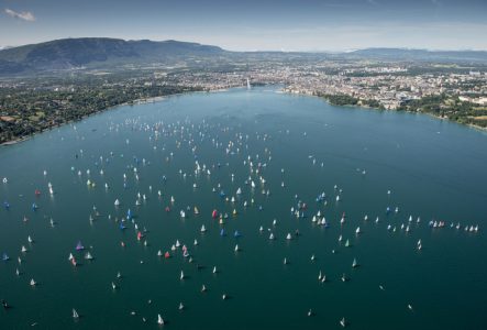 Sur cette image, on aperçoit une partie du lac Léman avec, au fond, la ville de Genève. On distingue également le jet d'eau et les montagnes qui entourent la ville. De nombreux bateaux à voile parsèment le lac, ajoutant une touche dynamique à ce paysage pittoresque.