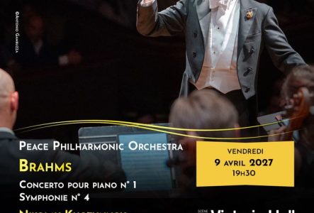 L'affiche du concert du 9 avril du Peace Philharmonic Orchestra au Victoria Hall, qui interprétera le Concerto pour piano n° 1 et la Symphonie n° 4 de Brahms, avec Nikolay Khozyainov à la fois pianiste et chef d’orchestre