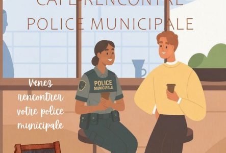 illustration d'une agente de police municipale et d'un citoyen discutant ensemble en buvant un café