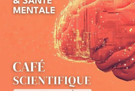 Cerveau orange avec le titre de notre événement: Café Scientifique Jeux vidéo & santé mentale — En bas de ce texte, la date et le lieu, mardi 6 octobre 2026 à 18h30 au Mr.Pickwick Pub à Genève.