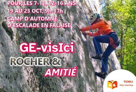 visuel pour le camp de grimpe d'automne GE-visIci représentant un enfant grimpant en falaise