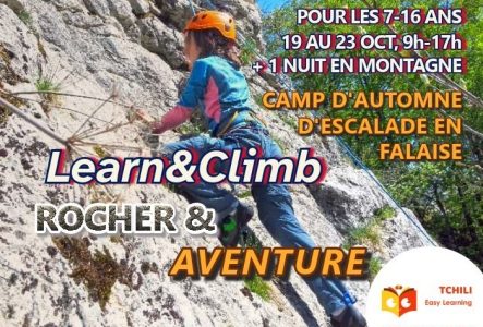 Visuel du camp d'escalade d'automne Learn&Climb illustrant un enfant grimpant en falaise