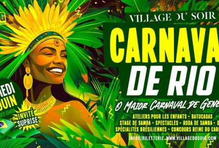 Village du soir Affiche colorée et festive du "Carnaval de Rio" à Genève 🎉
L’image est une affiche très vive, dominée par des tons jaunes, verts et verts foncés, inspirés des couleurs du Brésil. Elle représente une femme noire souriante, coiffée d’une grande coiffe à plumes jaunes et vertes, portant des boucles d’oreilles dorées et un collier de perles dorées, évoquant l’ambiance du carnaval brésilien.
Le fond est rempli de feuilles tropicales, donnant une atmosphère de jungle luxuriante et festive.
📍 Texte…