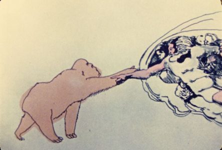Dessin qui réinterprète La Création d'Adam de Michel-Ange avec un gorille à la place de l'homme