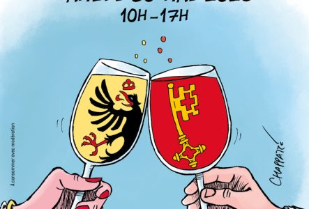Cette illustration montre, sur fond bleu ciel, deux mains trinquant avec des verres de vin. C'est l'affiche officiel des caves ouvertes
