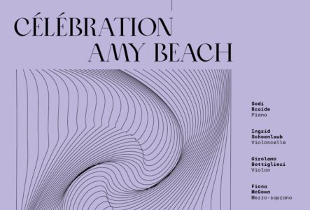 ClassiCosy Il s'agit de l'affiche du concert : sur un fond mauve, nous voyons apparaitre le titre du concert : Célébration Amy Beach. Ensuite nous pouvons lire les différentes informations utiles telles que la date et le lieu du concert : 23 Mai 2025 à 19h30, dans la salle François Bartholoni du Conservatoire de Musique de Genève.