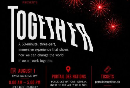 Flyer de promotion pour Together et la raclette. On y voit le drapeau suisse et des feux d'artifice