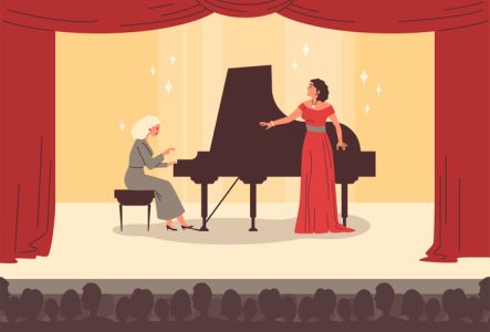 Dessin d'une pianiste et d'une cantatrice sur scène