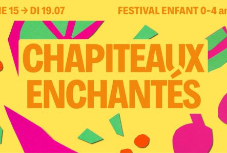 Sur fond jaune on retrouve des motifs colorés et un titre écrit en orange
