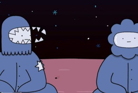 Illustration de deux personnages habillés en bleu assis par terre