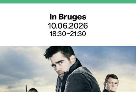 L’affiche se présente comme une carte postale décalée de Bruges, divisée en trois cases. Chaque case montre un personnage principal (Colin Farrell, Brendan Gleeson, Ralph Fiennes) sur fond de paysages belges pittoresques.
