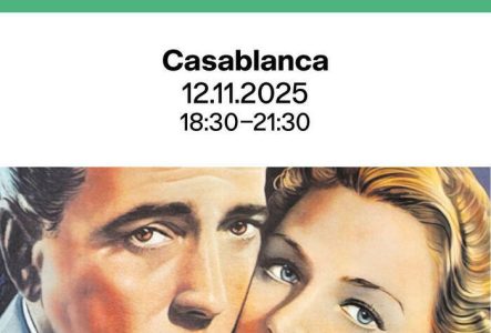 Le poster de Casablanca (1942) présente en son centre Humphrey Bogart et Ingrid Bergman, leurs visages rapprochés, baignés d’une lumière nostalgique.