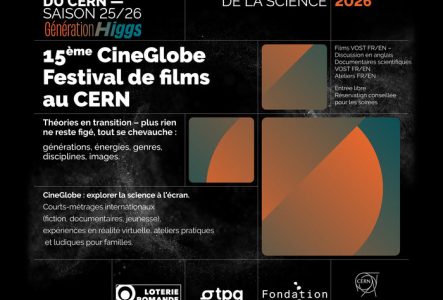 Poster for the 15th CineGlobe Film Festival at CERN, June 5-7, 2026. Features abstract graphics and text highlighting themes like science and transition.