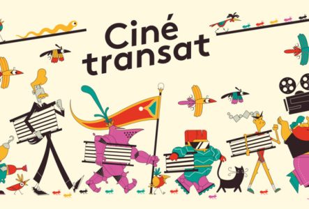 Plusieurs personnages marchant en direction de la droite, en portant des transat. Des oiseaux et autres animaux suivent le défilé.