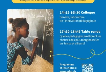 L'image comprend le programme de l'événement, les logos de l'Université de Genève, d'Enfants du Monde et du Fonds national Suisse, les liens et le QR code pour s'inscrire et une photo d'une petite fille en train d'écrire au tableau au Burkina Faso.