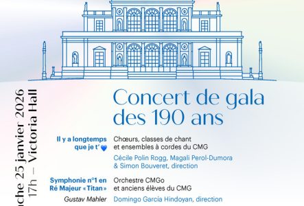 Bâtiment du Conservatoire de musique de Genève avec les informations des œuvres et des artistes