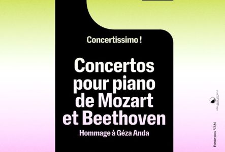sur un fond bicolore rose à jaune, une petite pancarte mentionnant les informations de la soirée de concert pour le 28.11.2026.
