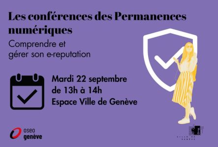 Visuel présentant la conférence "Comprendre et gérer son e-reputation) avec une silhouette de femme qui porte des lunettes de soleil et tient un smartphone, devant un pictogramme qui représente la validité d'un profil sur le web.