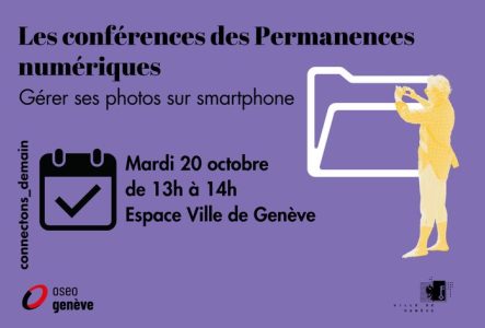 Visuel présentant la conférence "Gérer ses photos sur smartphone" avec une silhouette de femme qui prend une photo en direction d'un pictogramme qui représente un dossier de classement.