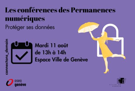 Viuel présenta nt la conférence "Protéger ses données" avec une silhouette de femme tenant un parapluie, devant un pictogramme de cadenas pour représenter la protection.