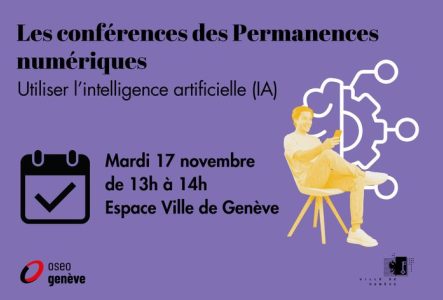 Visuel présentant la conférence "Utiliser l'intelligence artificielle" avec une silhouette d'homme assis sur une chaise utilisant son smartphone, devant un pictogramme représentant un cerveau mi-humain mi-robot.