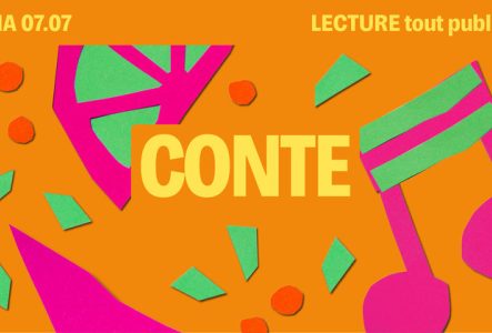 Sur fond orange se trouve des motifs colorés et le titre écrit en jaune