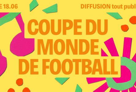 Sur fond jaune, on retrouve des motifs colorés et le titre inscrit en orange