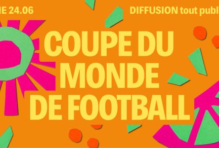 Sur fond orange, on retrouve des motifs colorés et le titre écrit en jaune