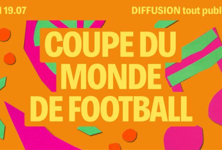 Sur fond orange on retrouve des motifs colorés et le titre écrit en jaune