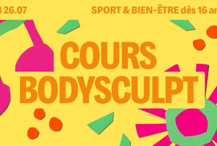 Sur fond jaune on retrouve des motifs colorés et le titre écrit en orange