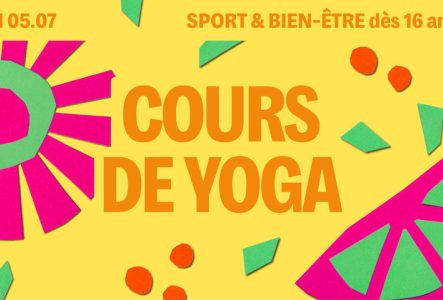 Sur fond jaune se trouve des motifs colorés et le titre écrit en jaune
