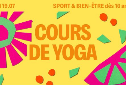 Sur fond jaune on retrouve des motifs colorés et le titre écrit en orange