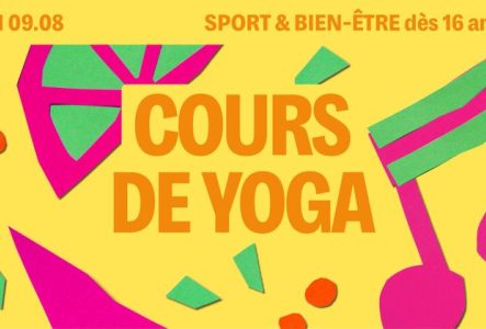 Sur fond jaune on retrouve des motifs colorés et le titre écrit en orange