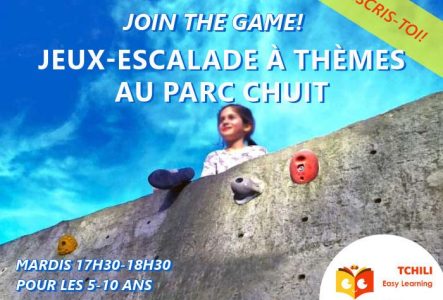 Affiche illustrant une fille au sommet d'un bloc d'escalade
