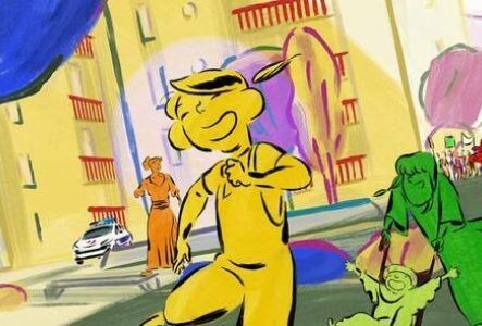film Linda veut du poulet Dessin d'une ville esquissée dans laquelle chaque personnage est colorié complément d'une couleur