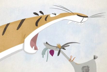 Dessin d'un tigre et d'une chèvre qui regarde dans sa bouche