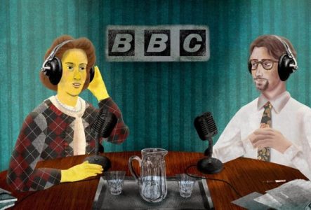 Dessin d'un plateau télé de la BBC avec une femme et une homme durant une émission télé