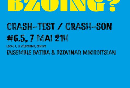fond bleu et grosse écriture jaune "bzoing?" avec les informations du concert et les logos de soutien en noir (cf infos dans l'annonce)