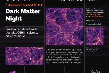 Affiche de l'événement « Dark Matter Night » organisé par le CERN. Sur un fond noir, plusieurs images violettes illustrent la structure de la matière noire dans l'Univers. L'affiche annonce une émission de radio en direct avec Radio Vostok suivie d'un concert mêlant science, art et musique. L'événement a lieu le 30 octobre 2026 à 20 h, à l'Auditorium Sergio Marchionne du Portail de la science du CERN. L'entrée est gratuite et accessible dès 12 ans. Les logos du CERN, de Radio Vostok et des…