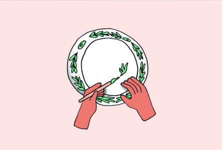 Illustration représentant une main en train de peindre sur une assiette