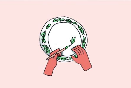 Illustration représentant une main en train de peindre sur une assiette