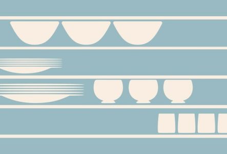 Visuel graphique représentant des vases, des bols et des assiettes sur des étagères.