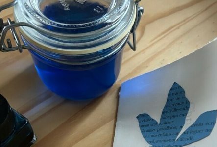 Une photo en couleur qui représente un pot en verre avec de l'encre bleue et carnet de croquis sur lequel une feuille de marronnier est dessinée à l'encre bleue.